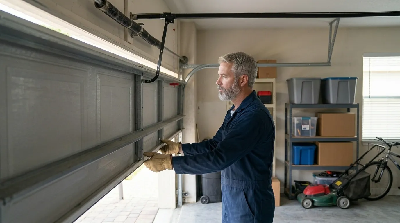 Garage door technician repairing a residential garage door in Huntington Beach California