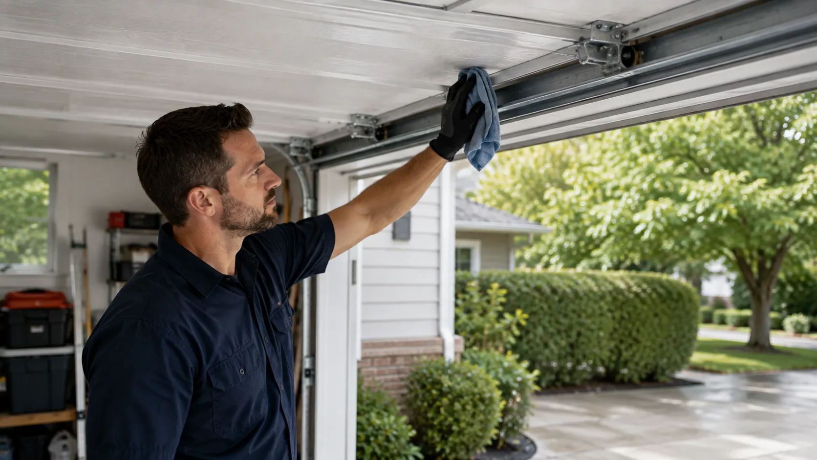 Garage door technician inspecting springs rollers tracks and opener